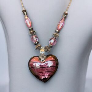 Deep Purple & Black Puffy Heart Dichroic Art Glass 3D Pendant Beaded Necklace